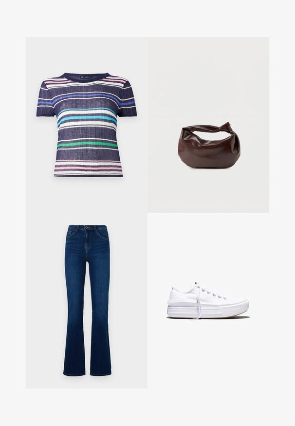 Korte mouwen, gestreept shirt met marineblauwe, roze, lichtblauwe, groene en witte lijnen. Gemaakt van gestructureerde stof met een ronde hals.; Donkerblauwe flared jeans van denim met een hoge taille, voorzien van voorzakken, een ritssluiting en subtiele stikseldetails.; Witte lage canvas sneaker met dikke plateauzool, veters aan de voorkant en rubberen toeskap met structuur, zijaanzicht.; Donkerbruine leren schoudertas met een zachte, slungelige vorm en een gedraaide knoopvormige handgreep op een effen witte achtergrond.