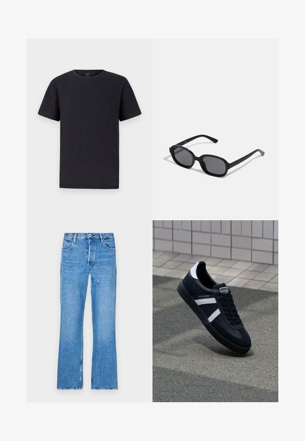 Zwarte t-shirt van een zachte, lichtgewicht stof met een klassieke ronde halslijn en korte mouwen. Eenvoudig, effen ontwerp zonder patronen of accenten.; Blauwe, recht gesneden jeans van denim met een vervaagde wassing. Voorzien van een knoopsluiting, riemlussen en een standaard vijf-pocket ontwerp.; Zwarte leren sneaker met witte strepen, een gestructureerde rubberen zool en vetersluiting aan de voorkant. Voorzien van een merklabel op de tong.; Zign by Zalando Zonnebril - black