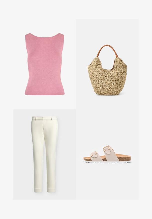 Sleevless top i blød pink ribbet stof. Har en bred udskæring og tætsiddende silhuet. Glat tekstur med en subtil glans.; Bukser i cremefarve med slim fit, bæltestropper og frontlynlås, vist på en ensartet lysegrå baggrund.; Beige slidesandaler med to justerbare stropper og guldfarvede spænder. Korksål med en struktureret hvid gummisål.; Vævet stråtasker med en naturlig tekstur og en blød, organisk form, der har brune læderhåndtag for nem bæring.