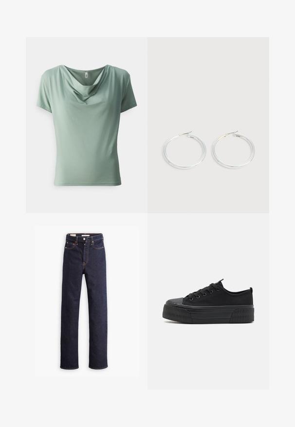 Lys grøn kortærmet top med draperet cowl-udskæring. Lavet af blødt, glat stof med en tætsiddende silhuet og rene, kantede kanter.; Mørkeblå straight-leg denim jeans med fem lommer og synlig orange syning på hvid baggrund.; Svarte lærersneakers med en ribbet gummisål, rund tå og seks snørrehuller. Glat tekstur med en kontrasterende ribbet detalje på bunden.; Par skinnende sølvøreringe med tynde trådlåse, vist på en lys grå baggrund.