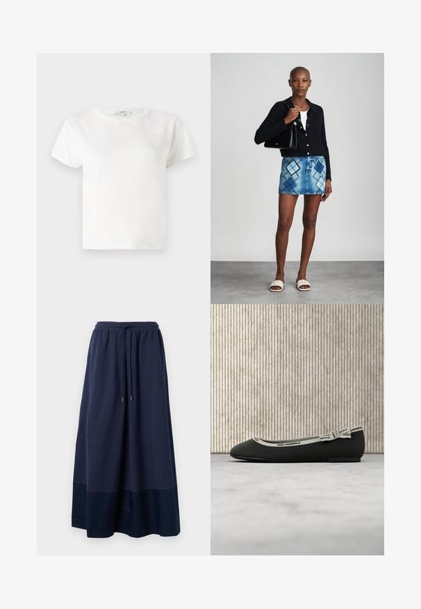 Camiseta de algodón blanca con mangas cortas, escote redondo y corte relajado. Etiqueta visible en el cuello, textura suave. Diseño simple, sin patrones.; Falda maxi de color azul marino hecha de una tela suave, con una cinturilla elástica y un cordón, y un panel azul más oscuro en el dobladillo.; Zapato plano negro con textura acanalada, ribete crema y un lazo decorativo. Logo visible en el ribete. Sobre una superficie clara y difusa.; Cárdigan negro de punto, blusa blanca, falda de mezclilla con patrón de diamantes en azul y negro, bolso negro y sandalias deslizantes beige.