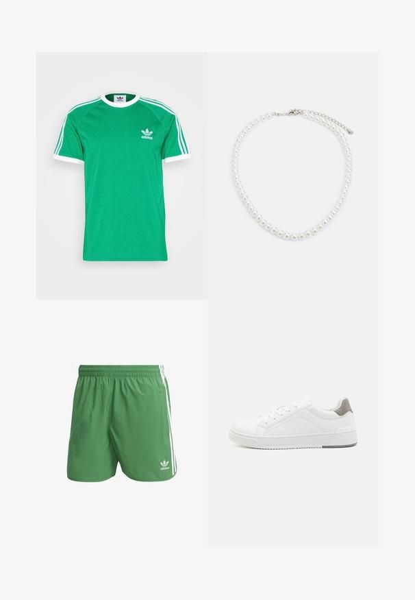 Πράσινη βαμβακερή μπλούζα T-shirt με λευκές λεπτομέρειες, ριγωτός λαιμός του τύπου crew και τρεις λευκές ρίγες σε κάθε ώμο. Διαθέτει ένα μικρό λευκό λογότυπο Adidas στο στήθος.; Πράσινα αθλητικά σορτς από ελαφρύ ύφασμα, με λευκές ρίγες στο πλάι και το λογότυπο της Adidas στο αριστερό στρίφωμα. Ελαστική μέση.; Λευκά αθλητικά παπούτσια από λεία δέρμα, με στρογγυλή μύτη, μινιμαλιστικό σχέδιο, γκρι λεπτομέρεια στη φτέρνα και υφασμάτινη αντιολισθητική σόλα.; Λευκή μαργαρίτα περιδέραιο με ομοιόμορφο στρογγυλό σχήμα, λεία επιφάνεια και μεταλλικό κούμπωμα με αλυσίδα επέκτασης για ρυθμιζόμενο μήκος.