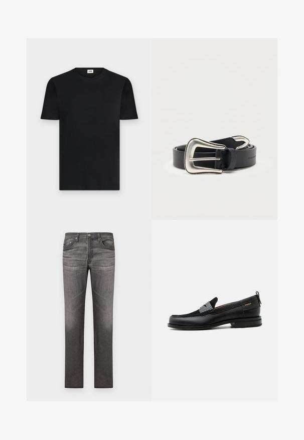 Schwarzes kurzärmeliges, geripptes Baumwoll-T-Shirt mit Rundhalsausschnitt und einem kleinen weißen Label innen am Kragen.; Dunkelgraue Jeans aus Denim mit geradem Bein, fünf Taschen, dezentem Ausbleichen und genähten Details entlang der Nähte.; Schwarzer Lederloafer mit grauem Riemendetail, niedrigem Absatz und strukturierter Sohle, seitlich mit „HUGO“ in Gold gebrandmarkt.; Schwarzer Ledergürtel mit großer, silberfarbener Western-Gürtelschnalle und passender silberner Gürtelspitze, aufgerollt auf weißem Hintergrund.