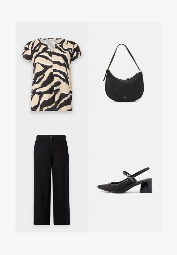 Kortærmet top med V-udskæring, der har et abstrakt zebra-print i sort, beige og hvidt på blødt stof. Casual pasform.; Sorte brede bukser lavet af et let stof, med en frontlukning med knap og bæltestropper. Glat tekstur uden synlige mønstre.; Sorte patentlæder slingback hæle med spids tå, rund udskæring og blokhæl. Har en guldtonet spændeaccents.; Sort læderhåndtaske med en buet form, struktureret overflade, forreste syninger og et logo i guldfarve. Har en enkelt justerbar rem.