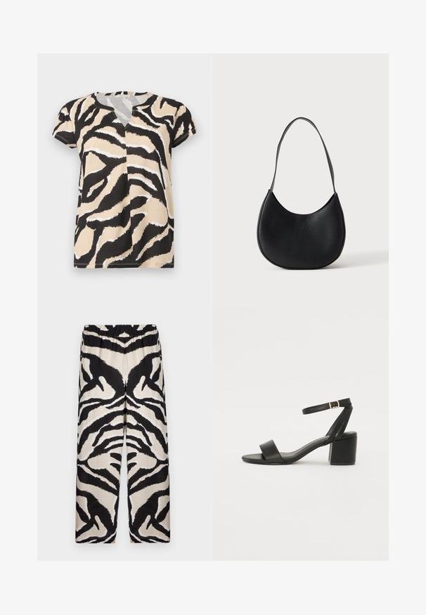 T-shirt à manches courtes avec un décolleté en V, présentant un imprimé zèbre abstrait noir, beige et blanc sur un tissu doux. Coupe décontractée.; Pantalons à jambes larges à motifs noir et beige, avec une taille élastique, mettant en valeur un audacieux motif de rayures zèbre dans un tissu lisse.; Sandale à talons noirs avec un dessus en cuir lisse, une ouverture à l'avant, de larges brides avant et une bride de cheville ajustable avec une boucle dorée.; Sac à épaule en cuir noir en forme de croissant avec une bandoulière unique et un nom de marque discrètement embossé sur un fond clair uni.