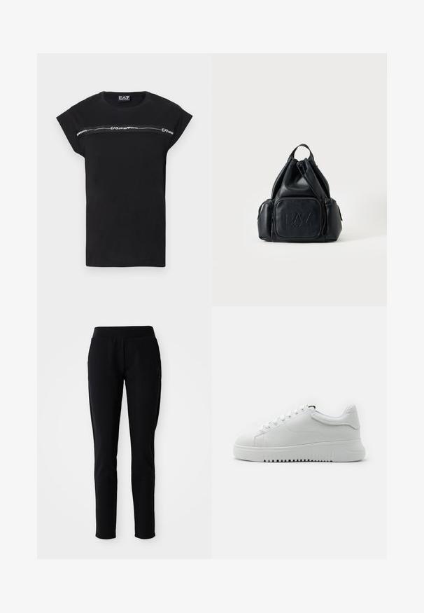 Schwarzes T-Shirt mit kurzen umgeschlagenen Ärmeln und einem horizontalen grauen Logoband über der Brust. Hergestellt aus weichem Baumwollmaterial.; Schwarze Sporthosen mit einer taillierten Passform, elastischem Bund und seitlichen Taschen, die ein dezentes Logodesign am linken Bein aufweisen.; Weiße Sneaker mit einem Obermaterial aus strukturiertem Leder, runder Zehenpartie und Schnürdesign. Dicke weiße Gummisohle mit strukturiertem Griffmuster.; Schwarzer Leder-Rucksack mit Kordelzug, mit vorderen und seitlichen Reißverschlusstaschen, mit geprägt "EA7 Emporio Armani" Logo auf der Vorderseite.
