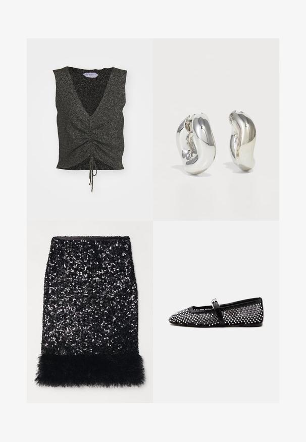 Haut sans manches noir avec un décolleté en V, un devant froncé, un ourlet à cordon et une texture scintillante, fabriqué en tissu pailleté avec des fils métalliques.; Jupe crayon noir en sequins avec un ourlet texturé et duveteux. Présente une forme ajustée et une surface brillante, créant un contraste saisissant de matériaux.; Chaussure plate Mary Jane noire avec des clous ronds argentés couvrant la tige et une fine bride avec une petite boucle argentée.; Boucles d'oreilles sculpturales en argent avec des formes douces et courbes et des surfaces réfléchissantes. Présentent un design de boucle fermée et une forme organique distincte.