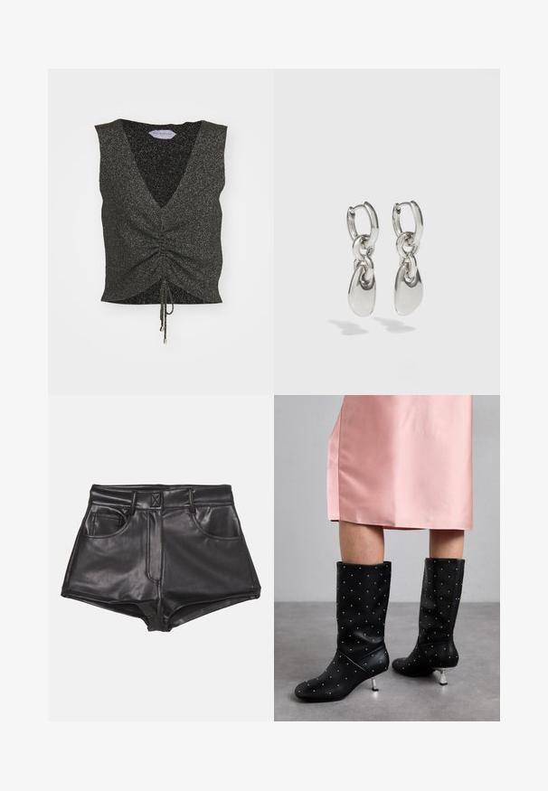 Sort ærmeløs top med V-hals, rynket front, snor i kanten og glitrende tekstur, lavet af glitrende stof med metalliske tråde.; Sorte faux læder shorts med høj talje, der har to frontlommer, synlige sømme og en glat overflade.; Sorte knæhøje støvler lavet af glat materiale, med et subtilt nittermønster og sølvfarvet hæl. Sat sammen med en lyserød satin kjole.; Sølvøreringe med forlængede ovale led, der har en poleret overflade og en struktureret dråpevedhæng. Enkel design med glatte kanter.