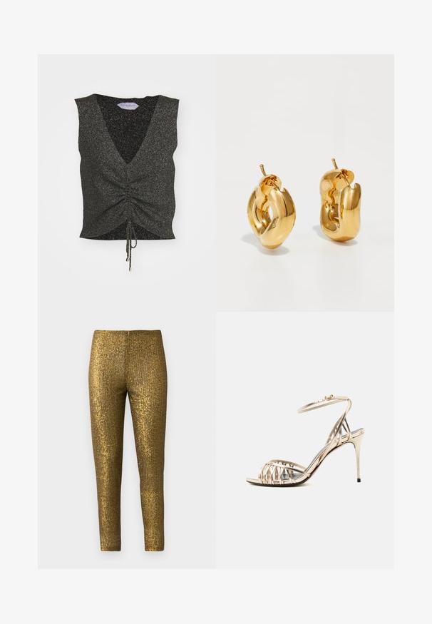 Top negro sin mangas con escote en V, delantero fruncido, dobladillo con cordón y textura brillante, confeccionado con tela brillante y hilos metálicos.; Leggings metálicos dorados con un patrón de rayas verticales texturizadas. La tela tiene un acabado brillante y una silueta ajustada y esbelta.; Sandalia dorada de tacón alto con tiras, correa en el tobillo y tacón de aguja, vista lateral sobre fondo blanco.; Pendientes de aro grueso en oro con un diseño tubular ligeramente retorcido y cierre de presión, sobre un fondo blanco.