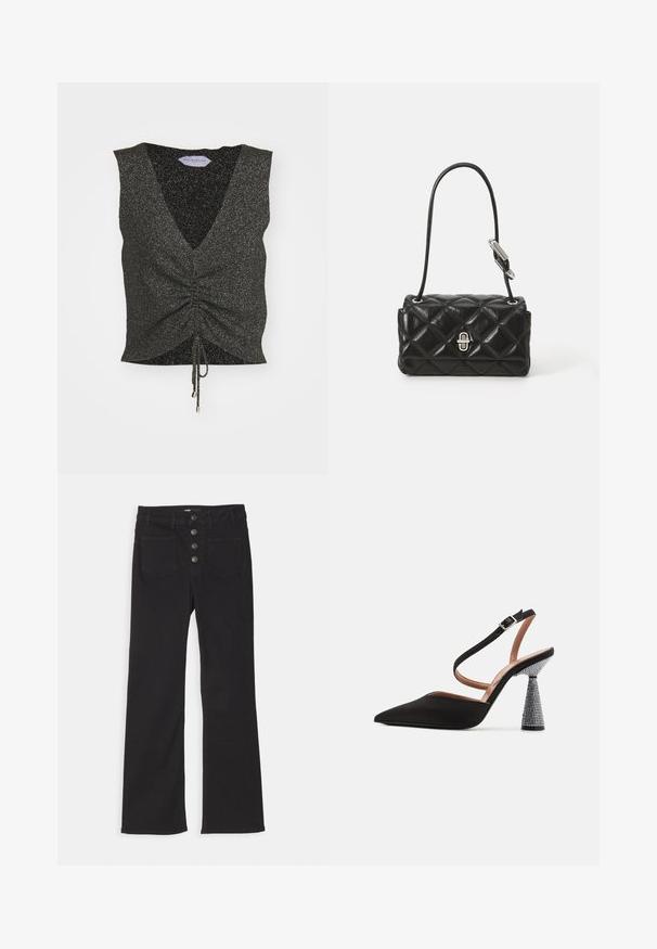 Zwarte mouwloze top met een V-hals, geplooide voorkant, trekkoord onderkant en glinsterende textuur, gemaakt van glinsterende stof met metallic garen.; Zwarte denim flared jeans met een hoge taille, vijf zakken en een sluiting met een voorkant met vier metalen knopen.; Zwarte slingback hoge hak met een spitse neus, satijnen stof en een getextureerde, met kristallen versierde conische hak. Verstelbare enkelband.; Zwart leren handtas met een gestikt ontwerp, ronde vorm, korte schouderriem en zilverkleurige hardware met een sluitingdetail.