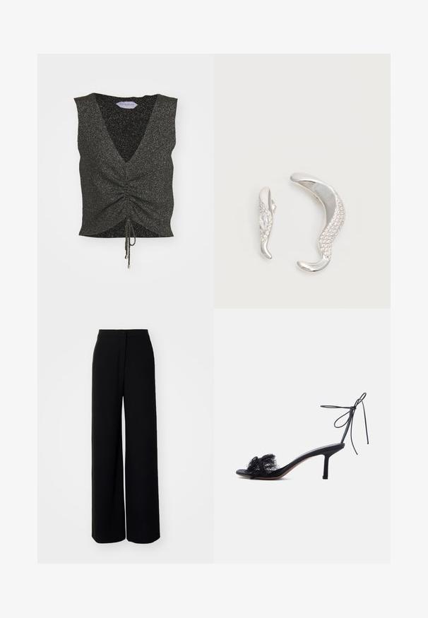 Haut sans manches noir avec un décolleté en V, un devant froncé, un ourlet à cordon et une texture scintillante, fabriqué en tissu pailleté avec des fils métalliques.; Pantalons larges noirs à taille haute, en tissu lisse, avec fermeture à bouton à l'avant et sans poches visibles, offrant une coupe tailleur.; Sandale noire à talon haut, ouverte à l'avant, avec bride à nouer autour de la cheville et détails en dentelle sur la bande avant, sur un fond clair uni.; Deux boucles d'oreilles argentées courbées, l'une plus grande que l'autre, toutes deux ornées de petits cristaux scintillants le long d'un bord.