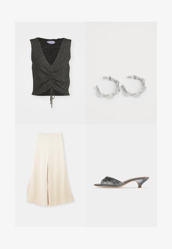 Top negro sin mangas con escote en V, delantero fruncido, dobladillo con cordón y textura brillante, confeccionado con tela brillante y hilos metálicos.; Pantalones anchos beige hechos de una tela suave con una cintura alta y un caído suave. Presentan un corte holgado y líneas limpias y simples.; Mule plateado metálico con punta abierta, tacón bajo tipo kitten y múltiples tiras delgadas que forman un diseño trenzado sobre el pie.; Pendientes de aro de plata con un diseño texturizado y bumpado. Fabricados en metal, cuentan con un cierre a presión seguro y un acabado pulido.