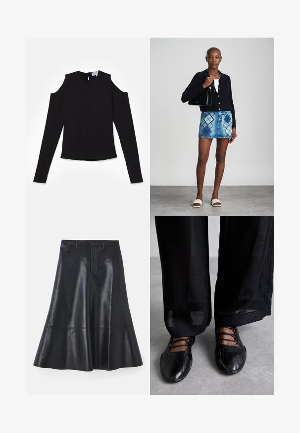 Zwarte blouse met lange mouwen en uitsneden op de schouders, gemaakt van zachte stof. Heeft een ronde halslijn en een sleutelgat sluiting aan de achterkant.; Zwarte leren rok met een uitlopende ontwerp, middenlengte, met een gladde textuur en discrete stikdetails langs de zoom.; MIISTA AVERIE - Ballerina's met enkelbandjes - black; Zwarte gebreide cardigan, witte top, denimrok met blauw en zwart ruitpatroon, zwarte handtas en beige instapsandalen.