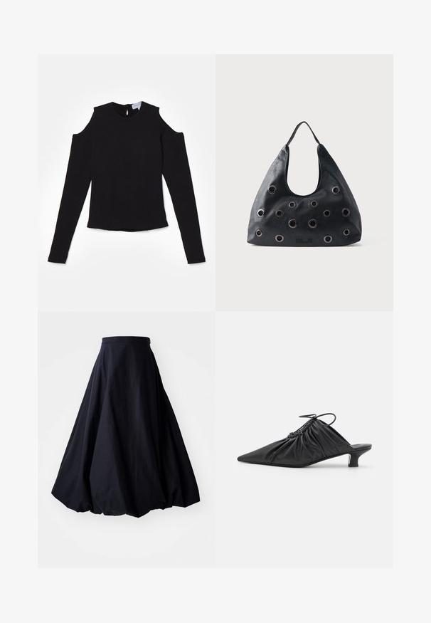 Schwarzes Langarmshirt mit ausgeschnittenen Schultern, aus weichem Stoff. Mit Rundhalsausschnitt und einer Schlüsseleinschlussöffnung im Rücken.; By Malene Birger AUBREY - Maxirock - black; Schwarze Leder-Mules zum Hineinschlüpfen mit spitzer Zehe, geraffter Textur und kleinem Kitten-Heel. Verfügt über ein Zugbanddetail am Öffnung.; Schwarze Leder-Schultertasche mit großen, gleichmäßig über die Vorderseite verteilten runden Metallösen und einem einzelnen Tragegriff.
