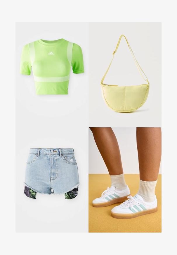 Kappet atletisk skjorte i lys grøn stof. Har korte ærmer, rund hals og hvidt diagonalt stribemønster på skuldrene. adidas-logo på fronten.; Denimshorts i lyseblå farve med en frynset kant og farverigt mønstret stof på siderne, der viser urbane billeder og teksturer.; Hvite sneakers med mintgrønne striber, gummisål og snørebånd, parret med ribbede cremefarvede sokker. Sat mod en gul baggrund.; Blød gul skuldertaske i halvmåneform med justerbar rem og lynlås øverst på en ensfarvet, lys baggrund.