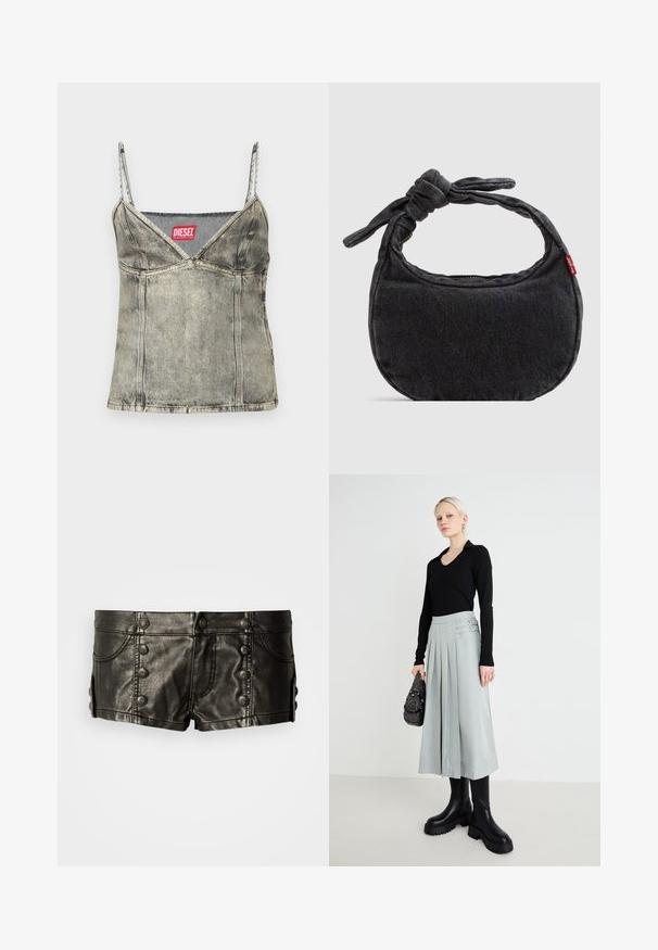Denim-Trägershirt in Hellgrau mit verstellbaren Spaghetti-Trägern, V-Ausschnitt-Design, sichtbaren Nähten und einem roten "DIESEL"-Label am Ausschnitt.; Schwarze Leder-Low-Rise-Shorts mit dekorativen Metallknöpfen vorne und an den Seiten, mit Fronttaschen und Nahtdetails.; Schwarzes Langarmoberteil, hellgrauer plissierter Rock mit Doppelverschlussdetails und schwarzen Boots mit dicker Sohle; silberne Handtasche mit Verzierungen.; Kleine schwarze Jeans-Umhängetasche mit geknotetem Riemen und Reißverschluss, mit einem roten Levi's Stoffetikett an der Seite.