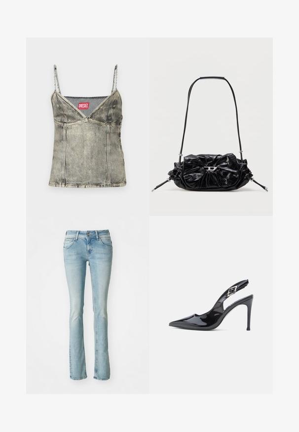 Lichte grijze denim tanktop met verstelbare spaghettibandjes, v-hals ontwerp, zichtbare naden en een rode 'DIESEL' label bij de halslijn.; Lichtblauwe denim jeans, bootcut ontwerp, vijf-pocketstijl, vervaagde details, ritssluiting en knoopsluiting, subtiele stikselaccenten, middelhoge taille.; Zwarte leren slingback pumps met een puntige neus, een strak ontwerp, een 10 cm stilettohak en een decoratieve gespsluiting.; Zwarte leren handtas met een geplooid design en een strikdetail aan de voorkant. Voorzien van een korte handgreep en zilverkleurige metalen accenten.
