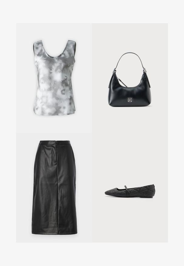 Haut sans manches à motif floral gris et blanc, fabriqué en tissu lisse avec un col rond et un design minimaliste.; Jupe en cuir noir avec une silhouette ajustée, présentant une texture lisse, un design mi-long et des détails de coutures subtils. Pas d'accents en métal.; Chaussure plate noire à bout pointu avec motifs géométriques matelassés et une fine bride sur le cou-de-pied sur fond uni.; Sac à épaule en cuir noir avec une seule poignée, fermeture éclair et un petit logo carré en argent à l'avant.