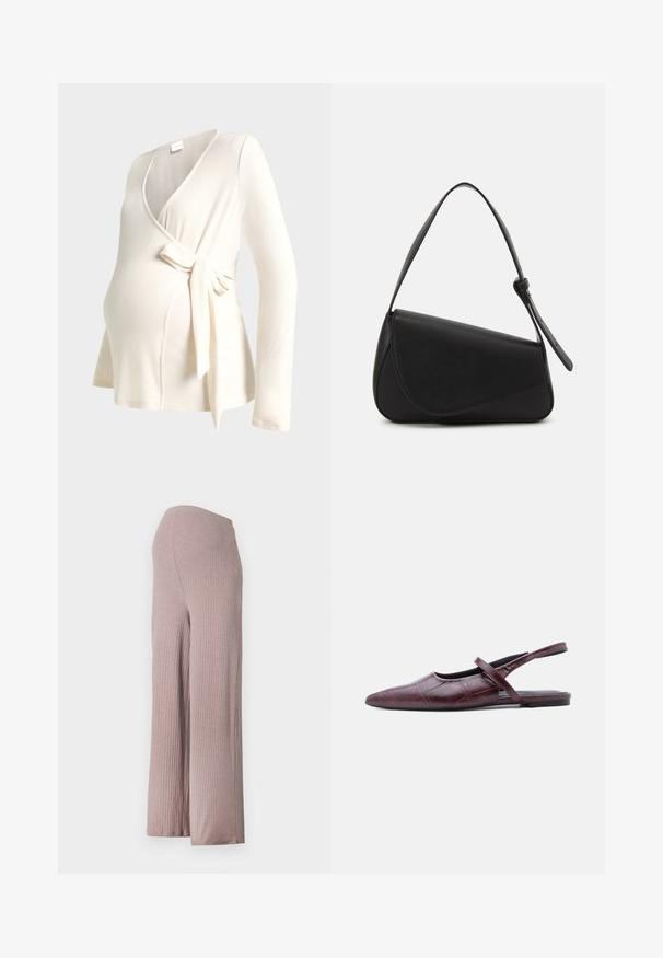 Top de embarazo envolvente de canalé color crema con mangas largas y cierre con lazo lateral sobre fondo blanco.; Pantalones de pierna ancha de color rosa claro, acanalados, con una cinturilla sin costuras, que presentan un tejido suave y texturizado y una silueta relajada.; Zapato plano de piel burdeos con punta afilada y tira delgada sobre el empeine, sobre un fondo liso.; Bolso de mano de cuero negro con forma triangular, tapa en ángulo y un asa superior redondeada. Presenta una textura suave y detalles de diseño minimalistas.
