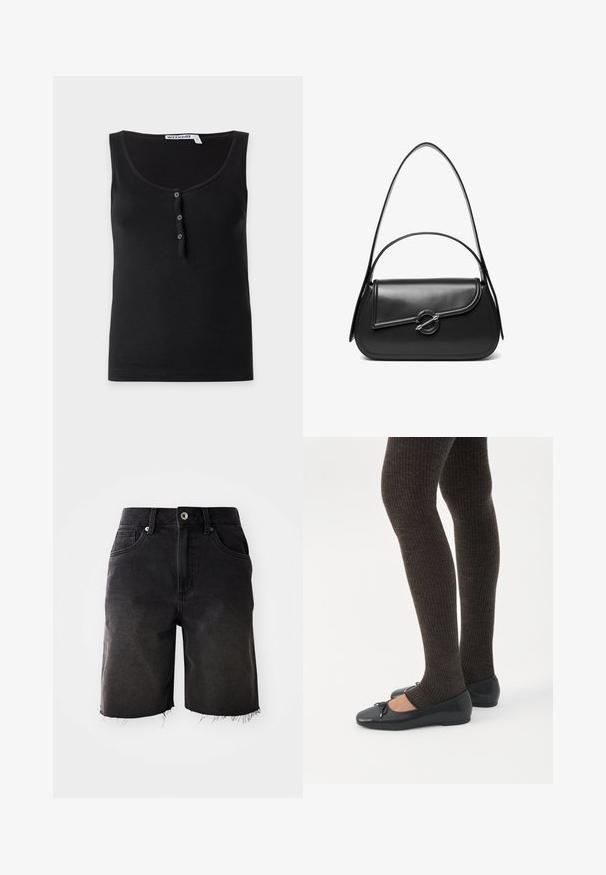 Sort ærmeløs tanktop med rund halsudskæring og tre små knapper ned foran i midten. Labelen lyder "WEEKDAY."; Sorte denimshorts med en falmet vask, frynset kant, klassisk fem-lommer design og enkelt knaplukning. Tykke syninger som accentuerer hele shortsene.; Ben iført mørke ribbede leggings kombineret med sorte balletsko med små sløjfedetaljer på hvid baggrund.; Sort skuldertaske i læder med en buet klap, der er fastgjort med en rund metal spænde, og en slank, justerbar rem.