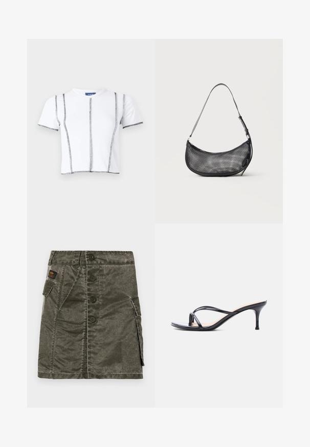 Camiseta blanca de manga corta con costuras negras, con un diseño recortado y líneas de costura visibles. Material de algodón suave, cuello redondo.; Falda verde oliva con botones en el frente, hecha de una tela texturizada, que cuenta con un bolsillo lateral y detalles de costura. Ajuste regular, diseño hasta la rodilla.; Sandalia de tacón de charol negro con tiras finas cruzadas y un tacón de aguja delgado de altura media, sobre un fondo blanco.; Pequeño bolso de hombro negro de malla con forma de media luna y correa fina ajustable, sobre un fondo claro y liso.