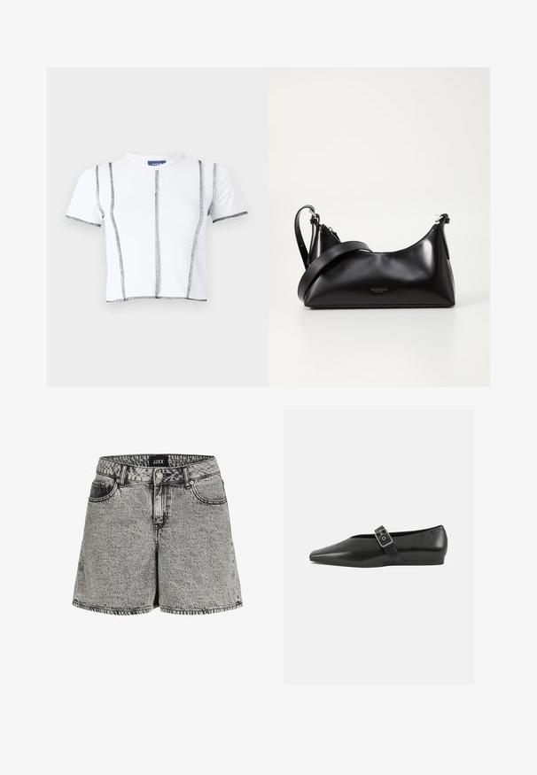 Hvid kortærmet t-shirt med sort syning, der har et cropped design og synlige sømlinjer. Blødt bomuldsstof, rund halsudskæring.; Sorte og grå denimshorts med høj talje, fem-lomme design og frynset kant. Har en falmet tekstur og metallås.; Sorte læder flade sko med spidse tæer, prydet med en metallisk spænde over vristen og en lav, fleksibel sål.; Sort læderhåndtaske med en glat tekstur. Har en justerbar stropp og et enkelt, minimalistisk design med lynlås.