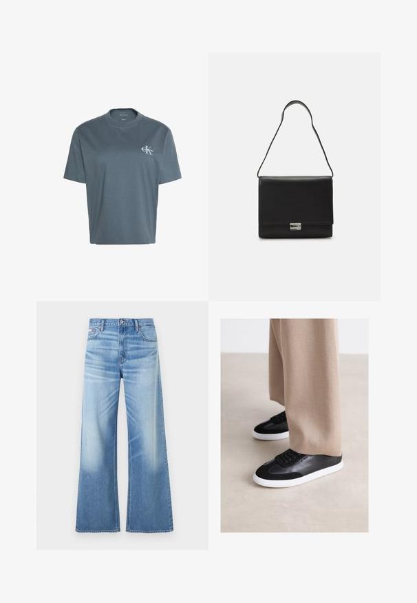 Camiseta Calvin Klein de manga corta en gris oscuro con cuello redondo y pequeño logo blanco de CK en el pecho izquierdo.; Calvin Klein Jeans LOW RISE BAGGY - Vaqueros boyfriend - diamond cove; Zapatillas de cuero negro con acentos de ante, con una suela de goma blanca y cordones negros. Combinadas con pantalones de pierna ancha beige.; Calvin Klein ARCHIVE SHOULDER BAG SHINY - Bolso de mano - black