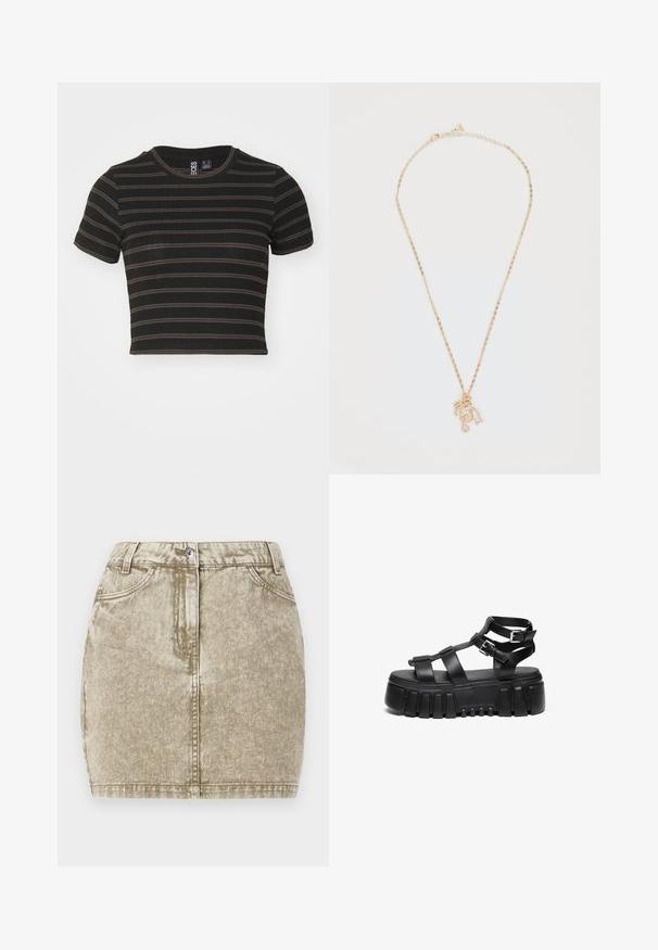 Pieces PCFOLLY CROP - Printtipaita - dark gull gray/black; Khaki denimhame, joka on teksturoitua, viidellä taskulla, napeilla edessä suljettuna ja ommellut yksityiskohdat reunoilla.; Mustat alustasaappaat omaavat kerroksellisia hihnoja ja soljettavia yksityiskohtia, sekä paksun, tekstuurillisen pohjan ja sileän varvastuen suunnittelun.; Kulta sävyinen kaulaketju, jossa on teksturoitu ketju ja riipus, joka sisältää yksityiskohtaisia koristeita, mukaan lukien hummerimuotoilu ja kimaltelevia korostuksia.