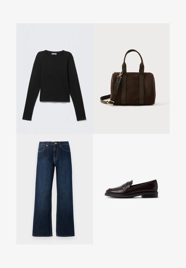 Sort langærmet rundhalset skjorte med et "Weekday" mærke ved halskanten, vist på en ensfarvet lys grå baggrund.; Bredde ben mørkeblå jeans lavet af denim, med lynlås og knaplukning, samt to forreste lommer med kontrasterende syninger.; Brune læder loafers med en glat finish, der har en syet, hævet bånd over forsiden og en lav hæl. Simpelt design, klassisk form.; Mørkebrune rektangulære stofhåndtasker med dobbelte top-håndtag, justerbar skulderrem og hardware i guldton på en hvid baggrund.