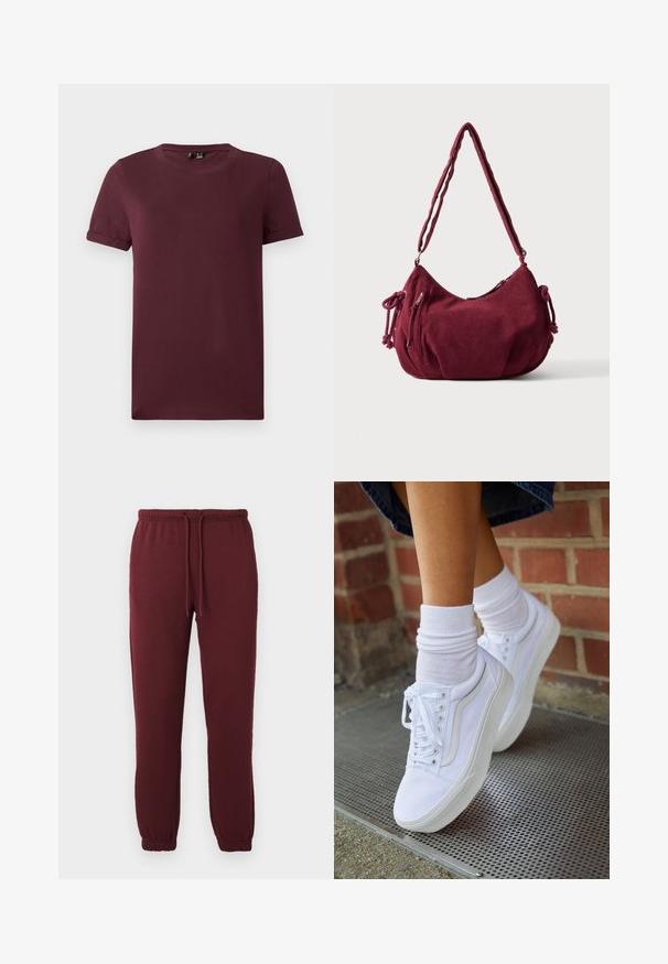 Bordeaux T-shirt van zachte katoen, met een ronde hals, korte mouwen en een relaxte pasvorm, met een gladde textuur en zonder zichtbare patronen.; Bordeaux joggerbroeken met elastische tailleband, trekkoord, zijzakken en elastische boorden op een effen witte achtergrond.; Witte canvas sneakers met rubberen zolen, voorzien van zes vetertjes, een ronde neus en lichte stikdetails, gecombineerd met witte enkelsokken.; Zachte kastanjebruine corduroy schoudertas met verstelbare band, ritssluiting, zijstrikjes en een voorvak met rits.