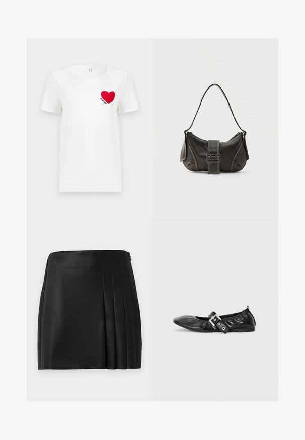 Witte T-shirt met korte mouwen met een rode hart en het woord "AMOUR" gedrukt op de linkerkant van de borst.; Zwarte neplederen mini-jurk met een gladde voorkant en plissé-detail aan de rechterzijde, voorzien van een ritsluiting aan de achterkant.; Zwarte leren platte schoen met een spitse neus, geplooide details rond de opening en een zilveren gespaccentueerde verstelbare band.; Zwarte leren schoudertas met gespsluiting aan de riem, afgeronde hoeken en contrasterende witte stiksels op een effen achtergrond.