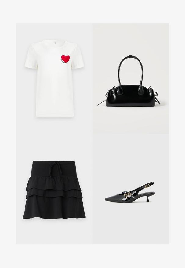 Camiseta blanca de manga corta con un corazón rojo y la palabra "AMOUR" impresa en el área del pecho izquierdo.; Falda negra con un diseño en capas, que cuenta con dos capas de volantes y una cintura elástica con cordón. Fabricada con una tela suave para mayor comodidad.; Zapatos de tacón en charol negro con punta afilada, correas dobles con hebillas doradas y un tacón bajo tipo kitten. Textura suave.; Pequeño bolso negro brillante con dos asas largas y detalles de cordón lateral sobre un fondo claro liso.