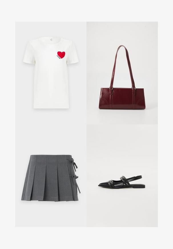 T-shirt blanc à manches courtes avec un cœur rouge et le mot "AMOUR" imprimé sur la zone gauche de la poitrine.; Jupe mini plissée grise en tissu texturé, avec une fermeture à nouer sur un côté et une ceinture lisse pour plus de confort.; Even&Odd by Zalando Ballerines à brides arrière - black; Sac à main bordeaux en matériau brillant, de forme rectangulaire, avec deux anses et des accents légèrement courbés à l'avant.