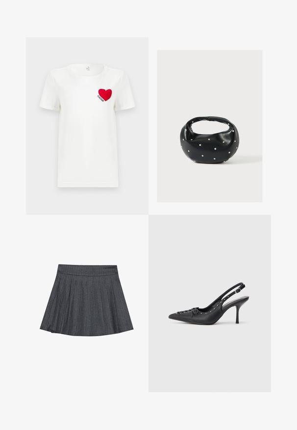 T-shirt blanc à manches courtes avec un cœur rouge et le mot "AMOUR" imprimé sur la zone gauche de la poitrine.; Jupe patineuse grise à rayures générales avec une taille ajustée, en forme évasée A et texture de tissu douce. Les lignes verticales renforcent l'intérêt visuel.; Escarpin en cuir noir à talon aiguille avec un bout pointu, une bride latérale à boucle, des clous le long du bord et un laçage décoratif à l'avant.; Sac à main en cuir noir de forme arrondie, décoré de clous argentés et équipé d'une poignée courte. Texture lisse et fermeture éclair.