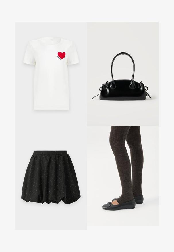T-shirt blanc à manches courtes avec un cœur rouge et le mot "AMOUR" imprimé sur la zone gauche de la poitrine.; Jupe bulle noire avec une taille élastique et un motif de pois blancs. Fabriquée en tissu léger, elle présente un design volumineux et un ourlet arrondi.; Jambes portant des leggings côtelés foncés associés à des ballerines noires avec de petits détails en nœud sur fond blanc.; Petit sac à main noir brillant avec deux longues anses et des détails à cordon sur les côtés sur un fond clair uni.