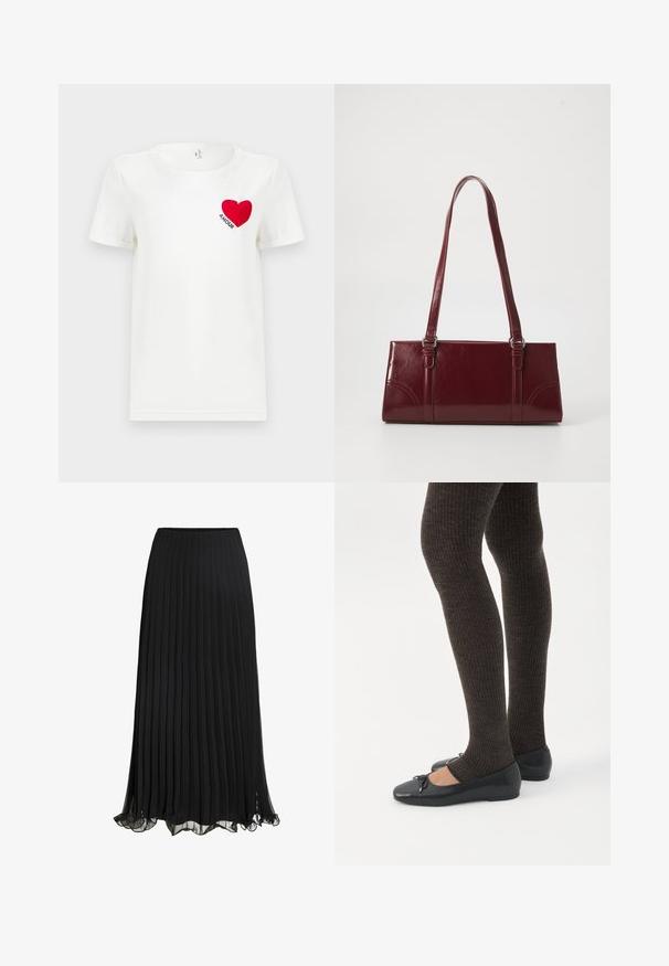 Witte T-shirt met korte mouwen met een rode hart en het woord "AMOUR" gedrukt op de linkerkant van de borst.; Zwarte geplisseerde maxi rok van lichtgewicht stof met een vloeiende ontwerp. Voorzien van een gerimpelde zoom en een elastische tailleband voor comfort.; Benen met donkere geribbelde leggings gecombineerd met zwarte ballerina's met kleine strikdetails op een witte achtergrond.; Bourgondische handtas van glanzend materiaal, rechthoekige vorm, met twee schouderbanden en subtiele gebogen accenten aan de voorkant.
