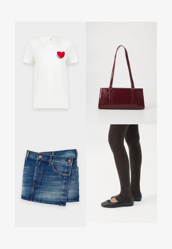 Camiseta blanca de manga corta con un corazón rojo y la palabra "AMOUR" impresa en el área del pecho izquierdo.; Pantalones cortos de mezclilla en azul medio con un lavado desgastado, con botones de cobre, diseño de cinco bolsillos y detalles de costura en contraste.; Piernas con leggings oscuros acanalados combinados con bailarinas negras que presentan pequeños detalles de lazo sobre un fondo blanco.; Bolso burdeos hecho de material brillante, de forma rectangular, con dos asas para el hombro y sutiles acentos curvados en la parte frontal.
