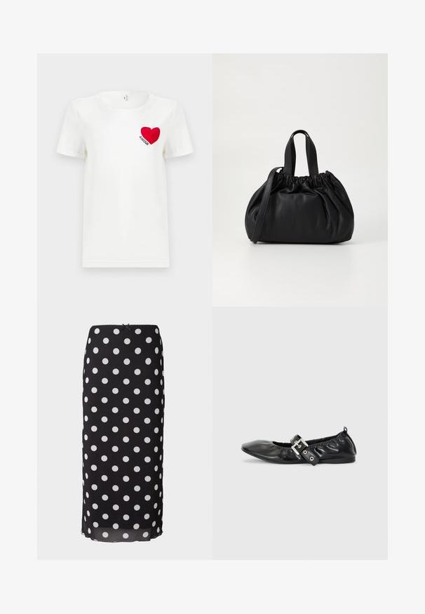 Hvid T-shirt med korte ærmer, prydet med et rødt hjerte og ordet "AMOUR" trykt på venstre bryst.; Sort midiskirt med prikket mønster lavet af letvægtsstof med hvide cirkulære mønstre, som har en tætsiddende talje og en subtil scalloped kant.; Sorte læder flade sko med spids tå, samling detaljer omkring åbningen, og en sølv spænde accent på den justerbare rem.; Sort læderhåndtaske med en samlet topdesign, der har to korte håndtag og en lang justerbar rem. Glat overflade, rund form.