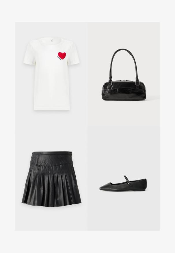 Hvid T-shirt med korte ærmer, prydet med et rødt hjerte og ordet "AMOUR" trykt på venstre bryst.; Sort plisseret mininederdel i kunstlæder med bred linning og knapdetaljer på højre side, vist på en ensfarvet baggrund.; Sorte læder balletflade med spids tå, flad sål og en lille spænde rem over anklen for en sikker pasform.; Sort læderhåndtaske med rektangulær form, der har et enkelt struktureret håndtag, sølvhardware og lynlås-lukning. Glat tekstur.