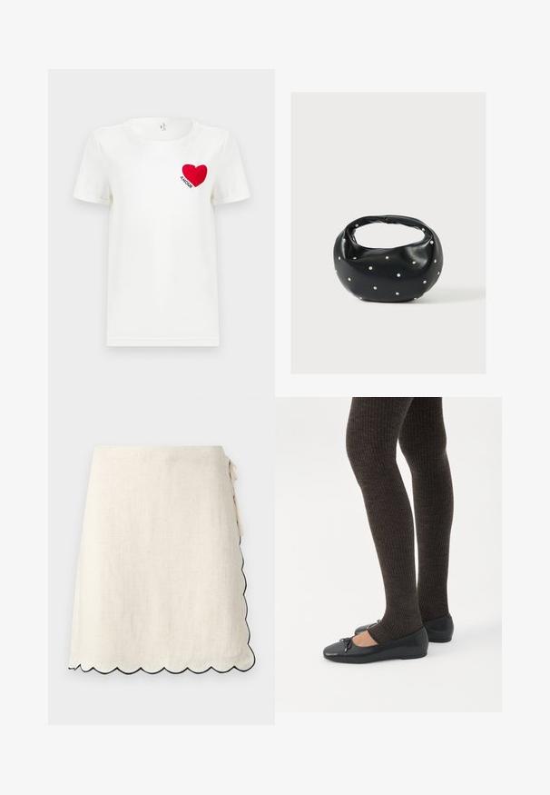 T-shirt blanc à manches courtes avec un cœur rouge et le mot "AMOUR" imprimé sur la zone gauche de la poitrine.; Jupe portefeuille écrue avec ourlet festonné souligné de noir, nouée à la taille sur le côté droit.; Jambes portant des leggings côtelés foncés associés à des ballerines noires avec de petits détails en nœud sur fond blanc.; Sac à main en cuir noir de forme arrondie, décoré de clous argentés et équipé d'une poignée courte. Texture lisse et fermeture éclair.
