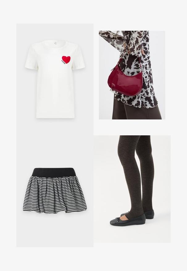 Witte T-shirt met korte mouwen met een rode hart en het woord "AMOUR" gedrukt op de linkerkant van de borst.; Zwart-wit gestreepte rok met een geraffineerd ontwerp en een elastische tailleband, gemaakt van zacht materiaal. Heeft een uitlopende vorm voor extra volume.; Benen met donkere geribbelde leggings gecombineerd met zwarte ballerina's met kleine strikdetails op een witte achtergrond.; Vrouw met een zwart-wit gebloemde blouse houdt een glanzende rode schoudertas vast tegen een effen achtergrond.