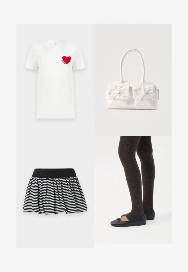 Hvid T-shirt med korte ærmer, prydet med et rødt hjerte og ordet "AMOUR" trykt på venstre bryst.; Stribet sort og hvid nederdel med et samlet design og elastisk talje, lavet af blødt materiale. Har en udvidet form for fylde.; Ben iført mørke ribbede leggings kombineret med sorte balletsko med små sløjfedetaljer på hvid baggrund.; Hvid syntetisk håndtaske med to forlommer, hver med en bundet sløjfedetalje. Glat tekstur, afrundede håndtag og lynlås lukning.