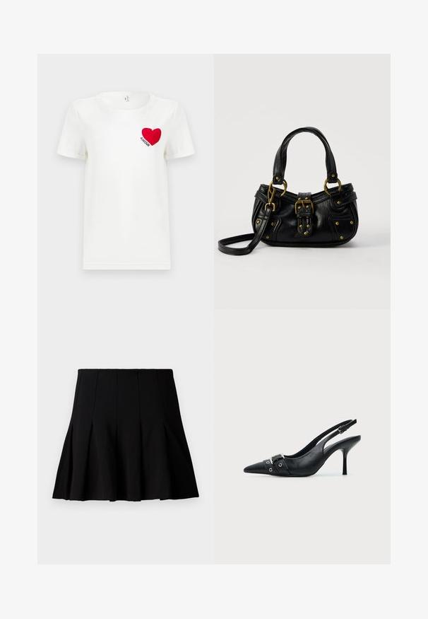 T-shirt blanc à manches courtes avec un cœur rouge et le mot "AMOUR" imprimé sur la zone gauche de la poitrine.; Jupe noire courte plissée en tissu lisse. Dispose d'une taille élastique et d'une silhouette évasée qui s'étend jusqu'au milieu de la cuisse.; Escarpin slingback à talon haut en cuir noir avec bout pointu, boucle et détail de bride œillet à l'avant.; Sac à main en cuir noir avec boucle dorée et détails à rivets, poignées courtes et bandoulière réglable sur fond blanc uni.