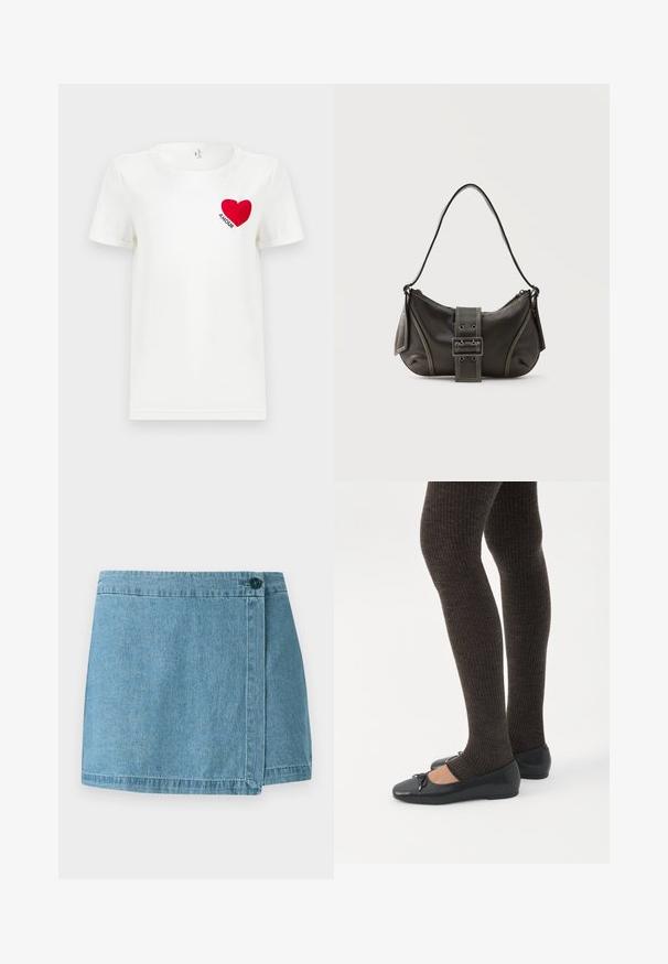 Hvid T-shirt med korte ærmer, prydet med et rødt hjerte og ordet "AMOUR" trykt på venstre bryst.; Denim nederdel i lyseblå, med et omslag-design, en enkelt knaplukning og en syet kant. Glat tekstur uden mønstre.; Ben iført mørke ribbede leggings kombineret med sorte balletsko med små sløjfedetaljer på hvid baggrund.; Sort læder skuldertaske med spænde på remmen, afrundede kanter og kontrasterende hvide syninger på en ensfarvet baggrund.
