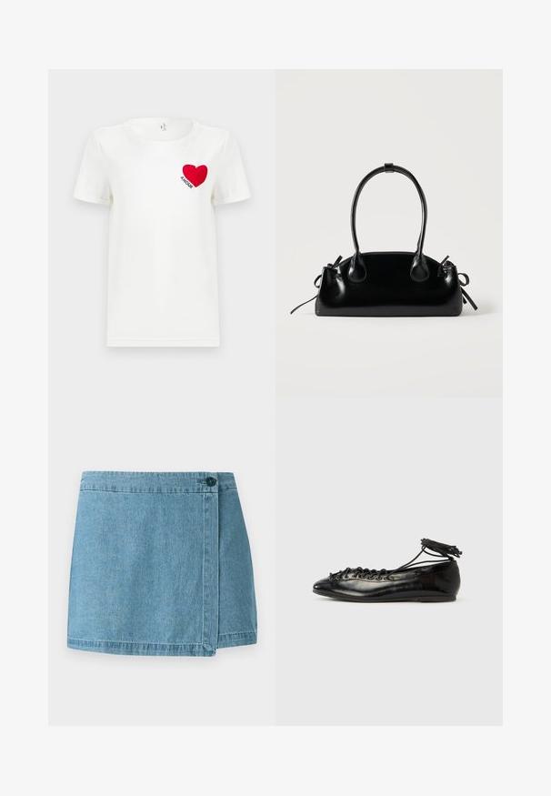 Hvid T-shirt med korte ærmer, prydet med et rødt hjerte og ordet "AMOUR" trykt på venstre bryst.; Denim nederdel i lyseblå, med et omslag-design, en enkelt knaplukning og en syet kant. Glat tekstur uden mønstre.; Sorte balletflade sko i laklæder med rundet tå, snørelukning og flad sål. Glat tekstur med få detaljer.; Lille sort blank håndtaske med to lange håndtag og snøre-detaljer i siden på en ensfarvet lys baggrund.
