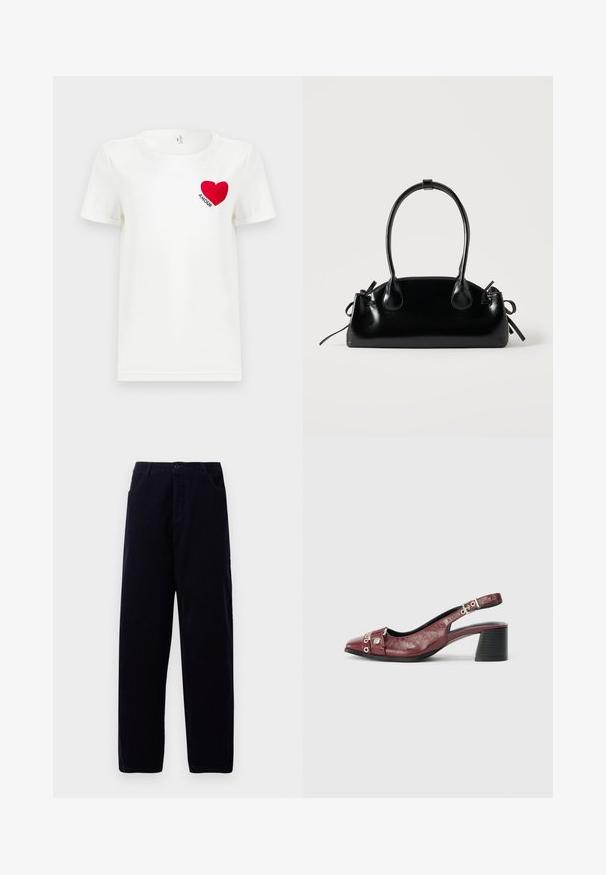 T-shirt blanc à manches courtes avec un cœur rouge et le mot "AMOUR" imprimé sur la zone gauche de la poitrine.; Pantalons en velours côtelé bleu marine foncé à jambe droite, avec poches avant et fermeture à bouton à la taille.; Chaussure slingback en cuir bordeaux avec un bout arrondi, un design incurvé, des accents en métal argenté et un talon bloc. Finition texturée.; Petit sac à main noir brillant avec deux longues anses et des détails à cordon sur les côtés sur un fond clair uni.