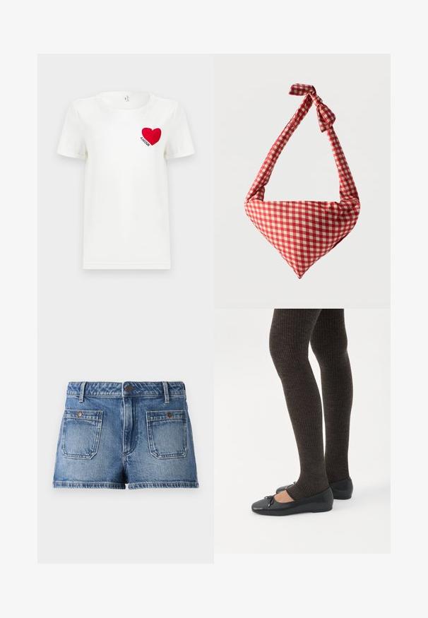 Camiseta blanca de manga corta con un corazón rojo y la palabra "AMOUR" impresa en el área del pecho izquierdo.; Pantalones cortos de mezclilla en azul claro con un acabado desvaído, diseño de cinco bolsillos, dos bolsillos frontales, dos bolsillos traseros y una cintura con botón.; Piernas con leggings oscuros acanalados combinados con bailarinas negras que presentan pequeños detalles de lazo sobre un fondo blanco.; Bolso de tela suave para el hombro con patrón de cuadros rojos y blancos, asa con nudo y forma triangular sobre un fondo liso.