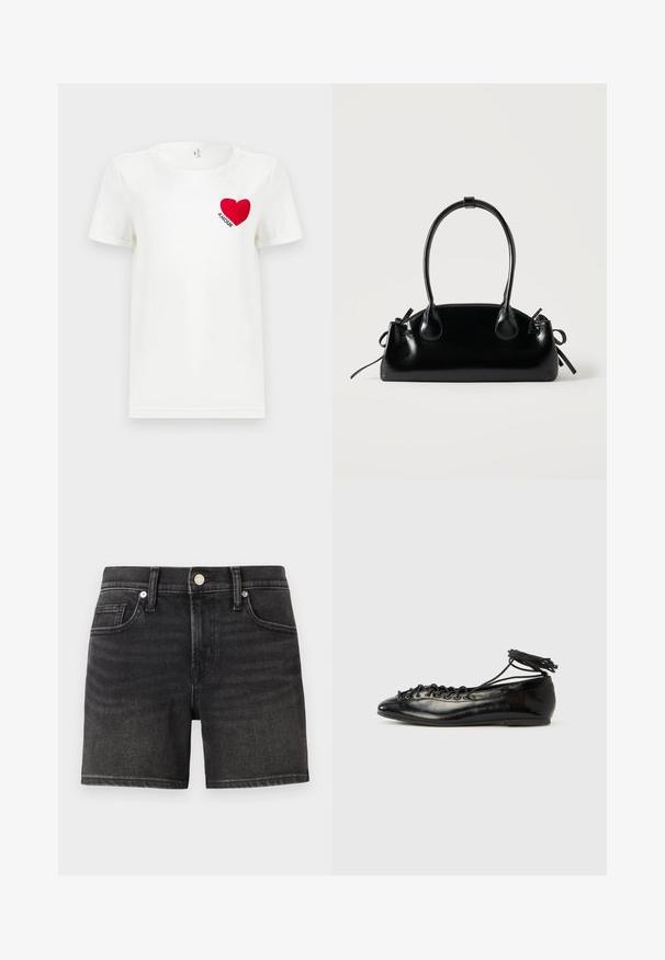Hvid T-shirt med korte ærmer, prydet med et rødt hjerte og ordet "AMOUR" trykt på venstre bryst.; Sorte denimshorts med et klassisk femlomme-design, der har en frontknaplukning og let falmning for tekstur.; Sorte balletflade sko i laklæder med rundet tå, snørelukning og flad sål. Glat tekstur med få detaljer.; Lille sort blank håndtaske med to lange håndtag og snøre-detaljer i siden på en ensfarvet lys baggrund.