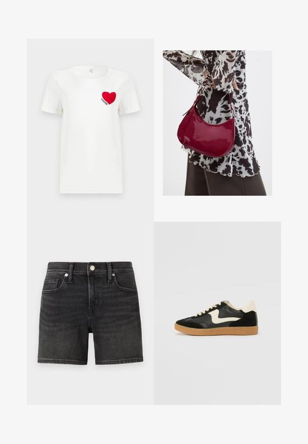 Hvid T-shirt med korte ærmer, prydet med et rødt hjerte og ordet "AMOUR" trykt på venstre bryst.; Sorte denimshorts med et klassisk femlomme-design, der har en frontknaplukning og let falmning for tekstur.; Sorte ruskinds- og lædersneakers med en cremefarvet side-swoosh og lys cremefarvet hæl. Har beige snørebånd og en gummirubber-sål.; Kvinde iført en sort- og hvidmønstret bluse, der holder en blank rød skuldertaske mod en ensfarvet baggrund.