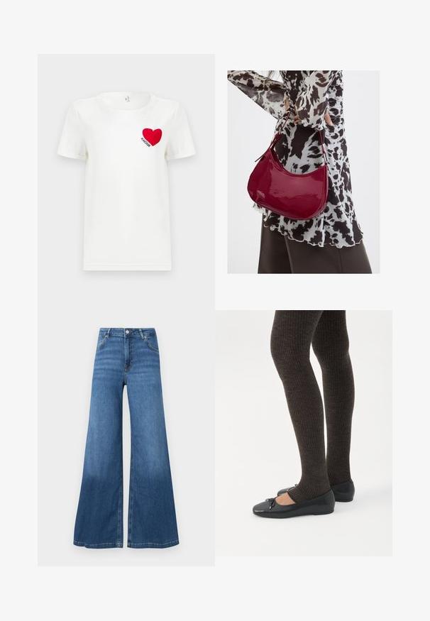 Hvid T-shirt med korte ærmer, prydet med et rødt hjerte og ordet "AMOUR" trykt på venstre bryst.; Bredde bukser i blå denim med høj talje, forlommer og en ren søm. Ingen synlige mønstre eller pyntegeler.; Ben iført mørke ribbede leggings kombineret med sorte balletsko med små sløjfedetaljer på hvid baggrund.; Kvinde iført en sort- og hvidmønstret bluse, der holder en blank rød skuldertaske mod en ensfarvet baggrund.